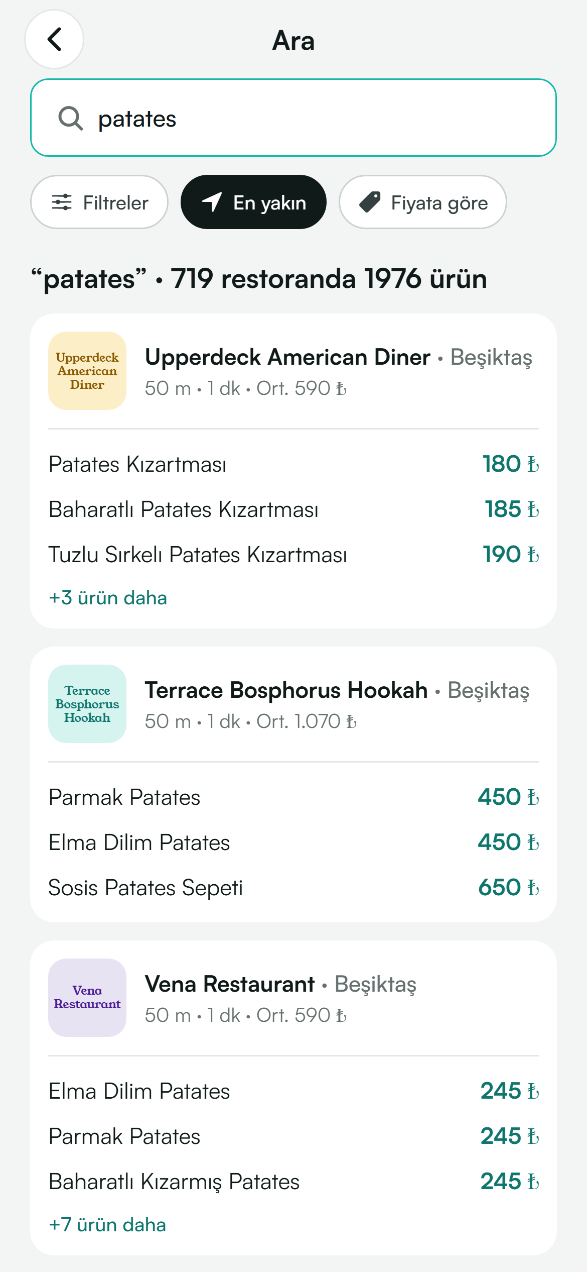 Clevi uygulamasında yemek araması